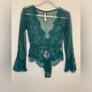 Sexy‎ Perspective Green Lace Eyelashes Long Sleeve Bodysuit Size M